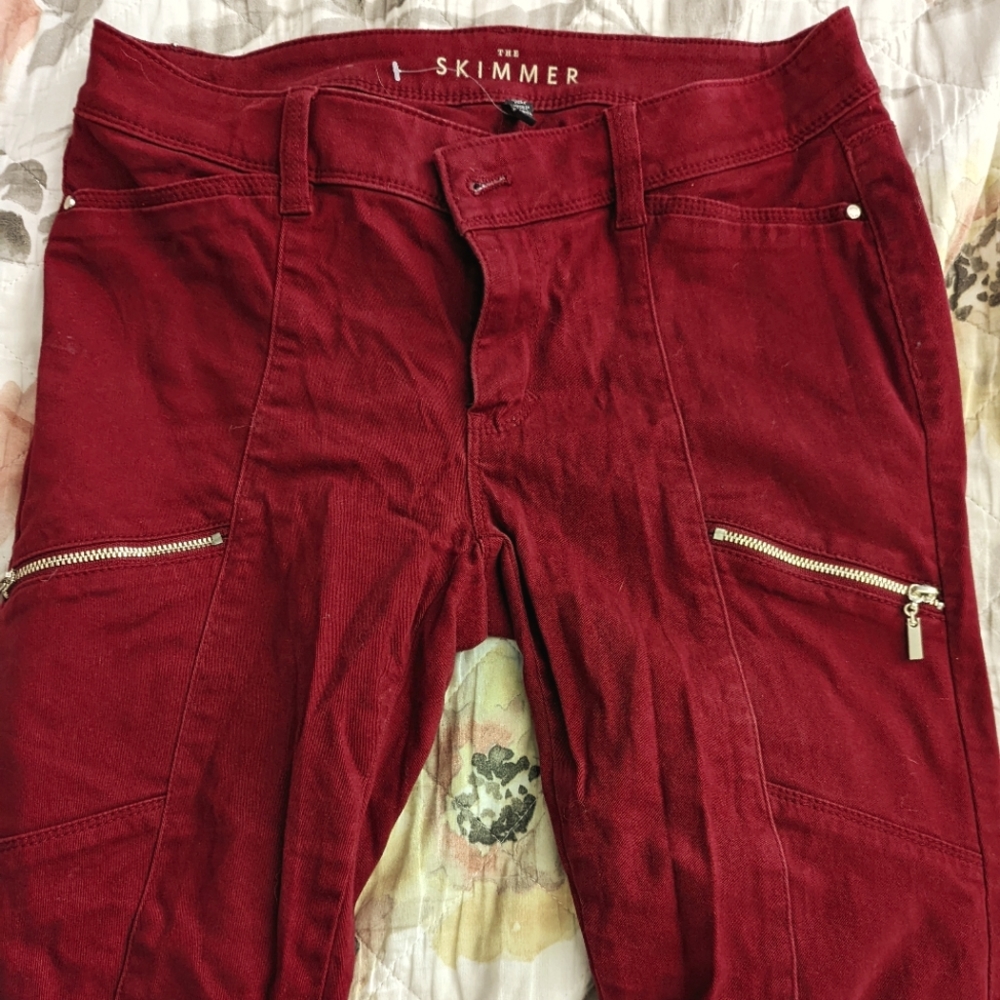 Burgundy moto pants gold zippers